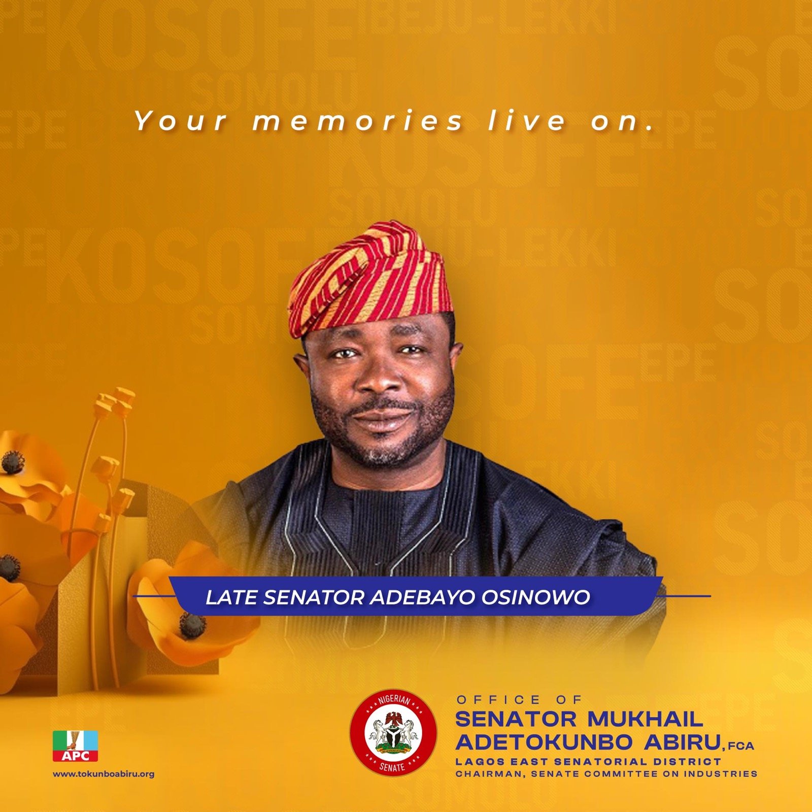 Senator Bayo Osinowo: Three Years After, Senator Abiru Remembers Predecessor, Prays For Repose of His Soul