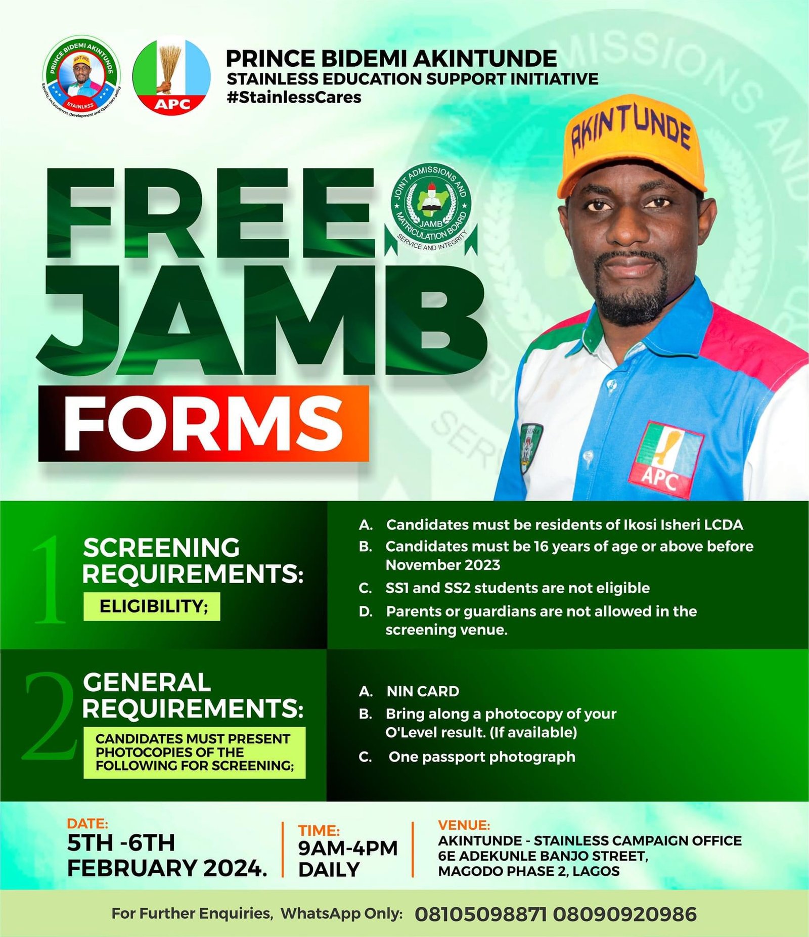 Prioritizing Education: Prince Bidemi Akintunde - Stainless Launches Free JAMB Form Initiative for Ikosi Isheri Students